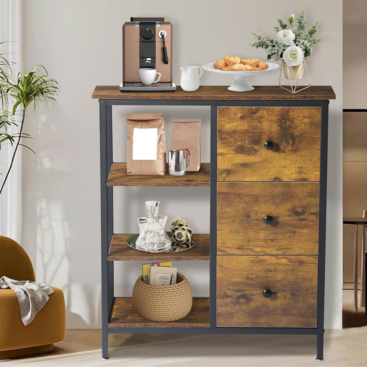 Brown Coffee Station Cabinet with 3 Wooden Drawers & Shelves Y487