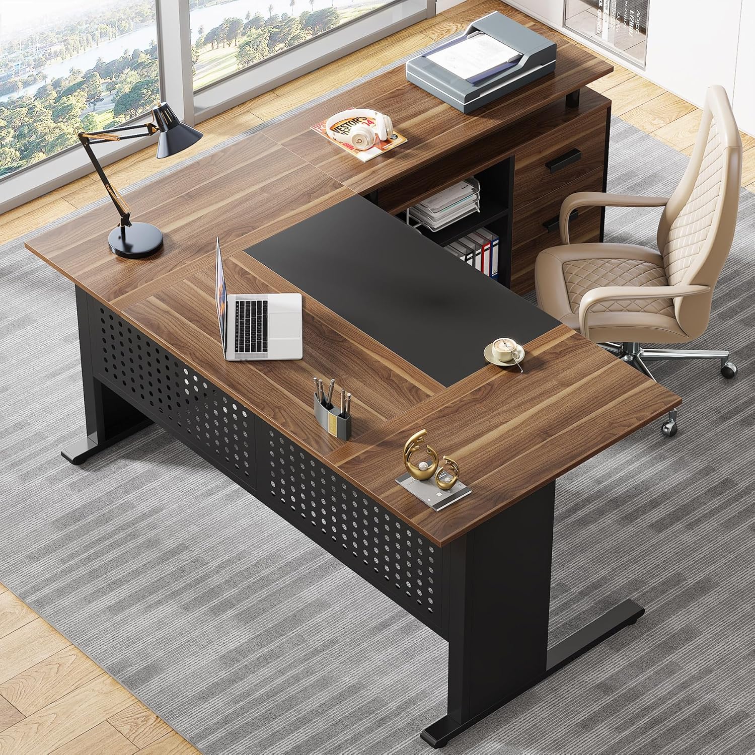 Brown and Black 63 Inch L Shaped Computer Desk with File Cabinet M226341