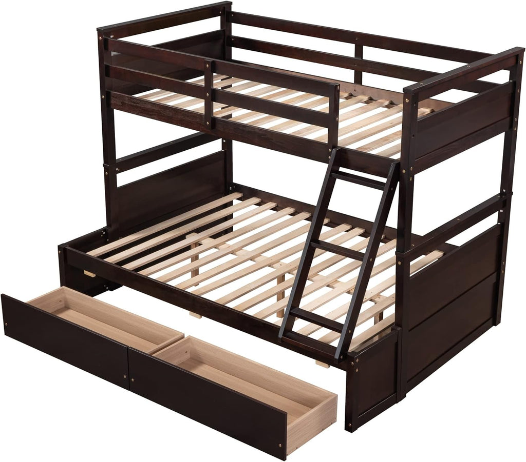Over Full Wood Bunk Bed Frame With Two Drawer, Espresso I24205