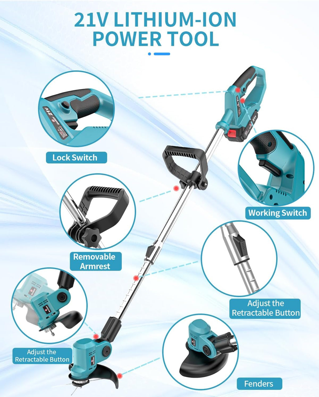 21V Cordless Electric String Trimmer with 6000mAh Battery S303