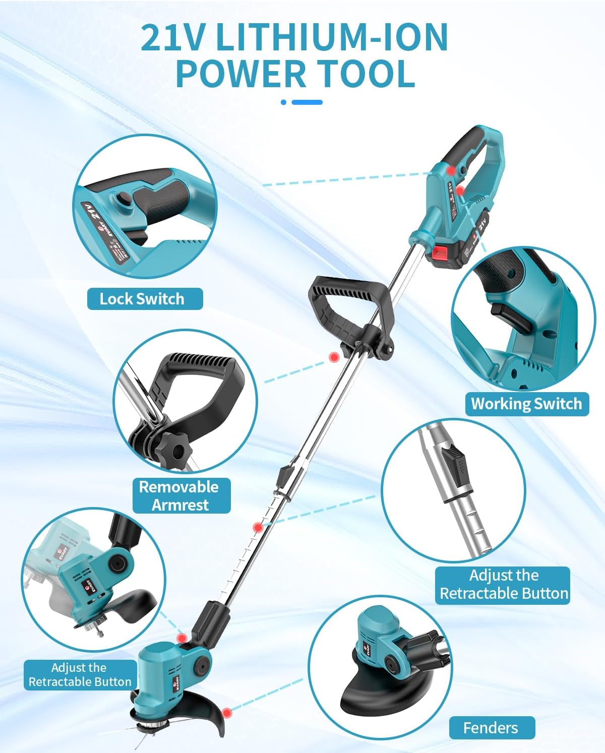 21V Cordless Electric String Trimmer with 6000mAh Battery S303