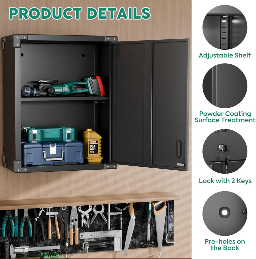 Black Metal Wall Cabinet with Locking Door and Adjustable Shelf L8870