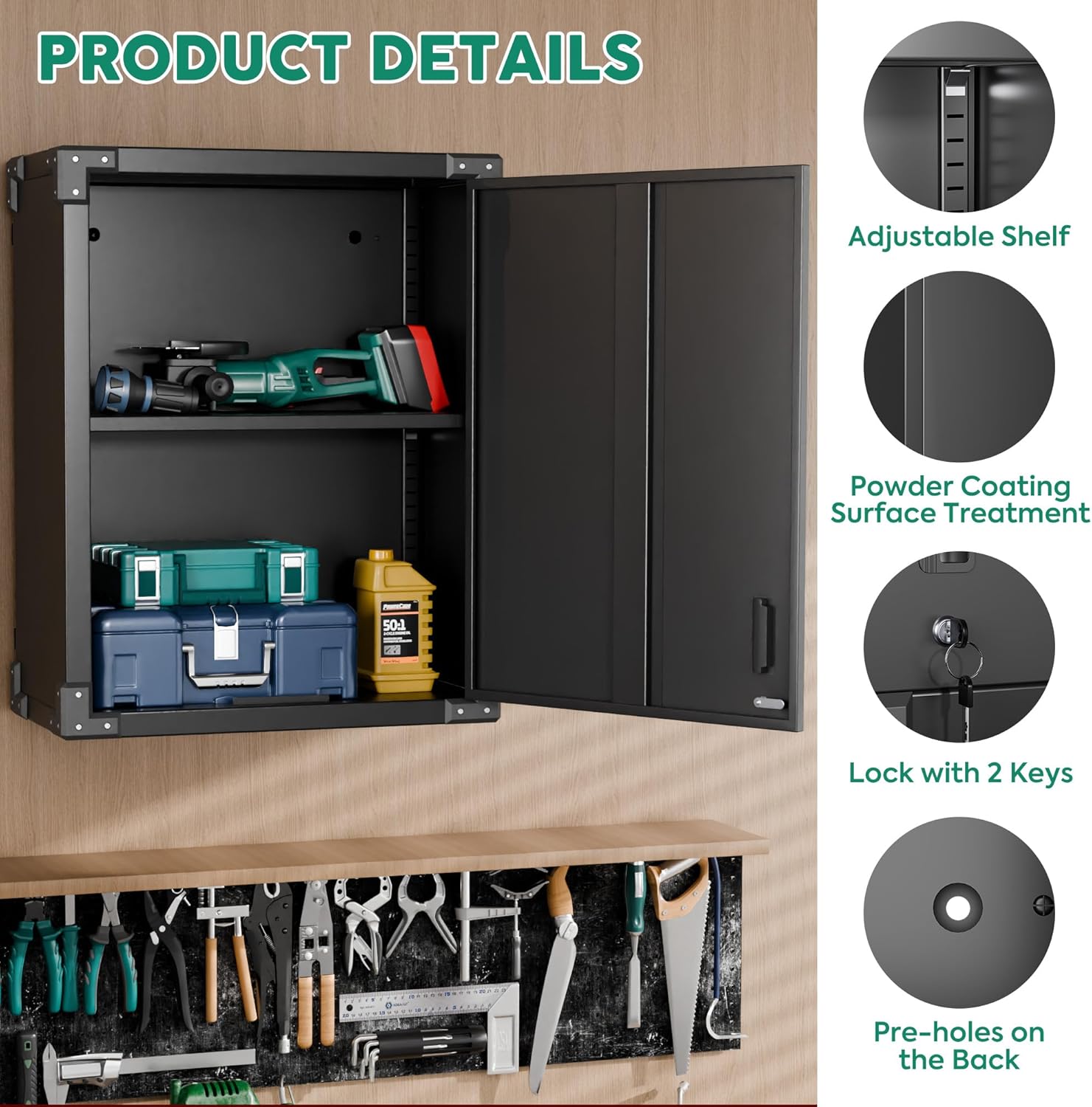 Black Metal Wall Cabinet with Locking Door and Adjustable Shelf L8870