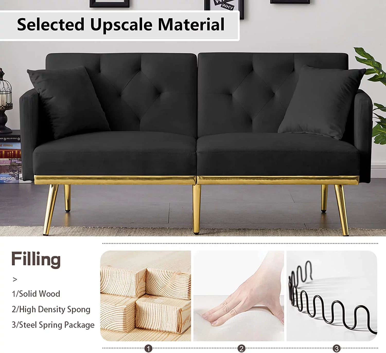 59" Convertible Velvet Sofa Bed with 2 Pillows & Side Pockets (Black) G645415