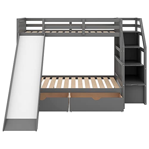 White Wood Twin Over Full Bunk Bed with Slides, Stairway, Drawers, and Safety Fence H661332