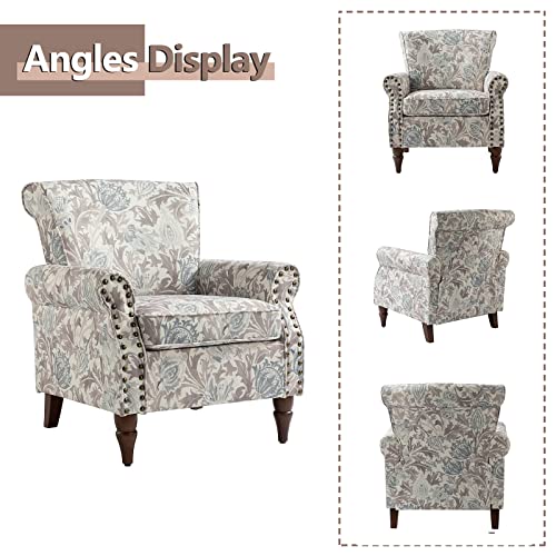 Pink Floral Pattern Wingback Accent Chair with Wood Legs & Removable Cushion T95045