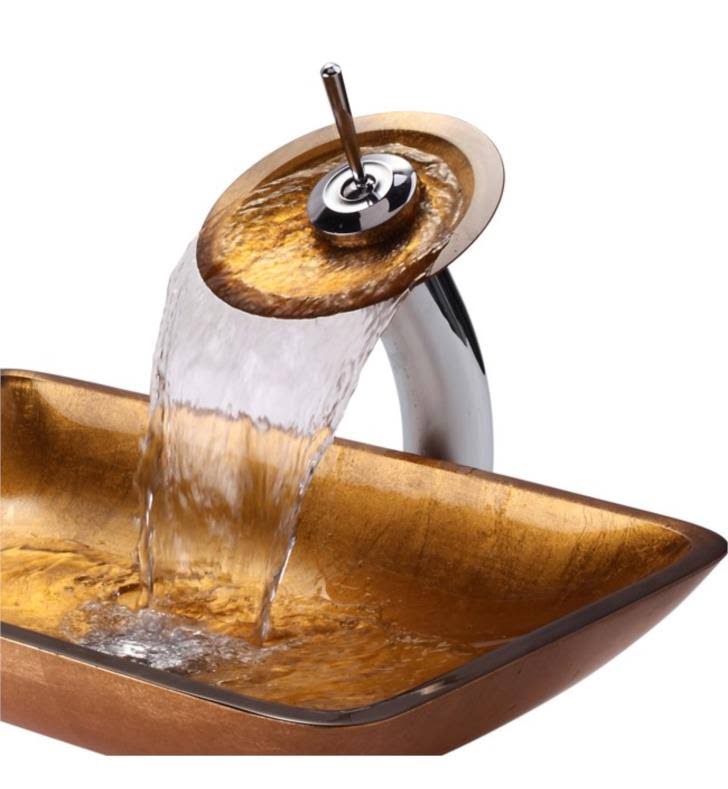 Golden Pearl Rectangular Glass Vessel Sink and Waterfall Faucet J67653