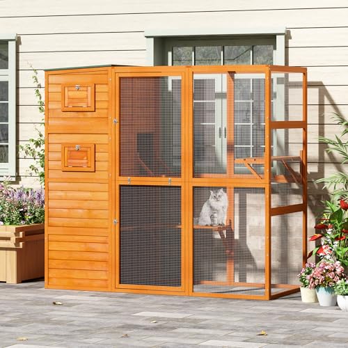 Large Wood Cat Catio with Weatherproof Roof, 2 Resting Rooms, 2 Platforms, 4-Tier Cat Playpen H4344