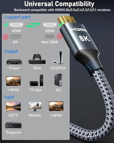 8K HDMI Cable 25FT, 48Gbps High Speed HDMI 2.1, Braided U603075
