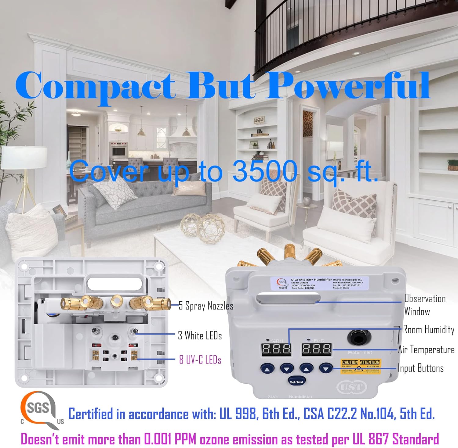 Evaporative Duct Mount Whole House Furnace Humidifier with 8 UV-C LEDs L656