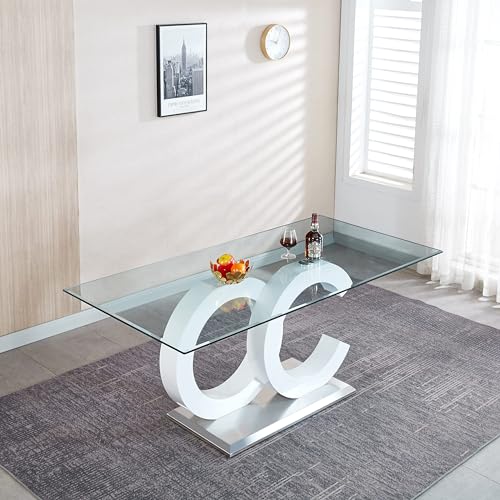 70 inch Clear Tempered Glass Dining Table with Golden Stainless Steel Pedestal J326