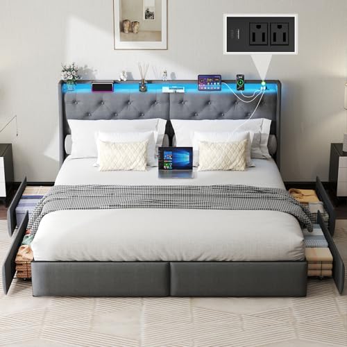 Gray Queen Upholstered Platform Bed Frame with 2 Storage Drawers and LED Light D12587