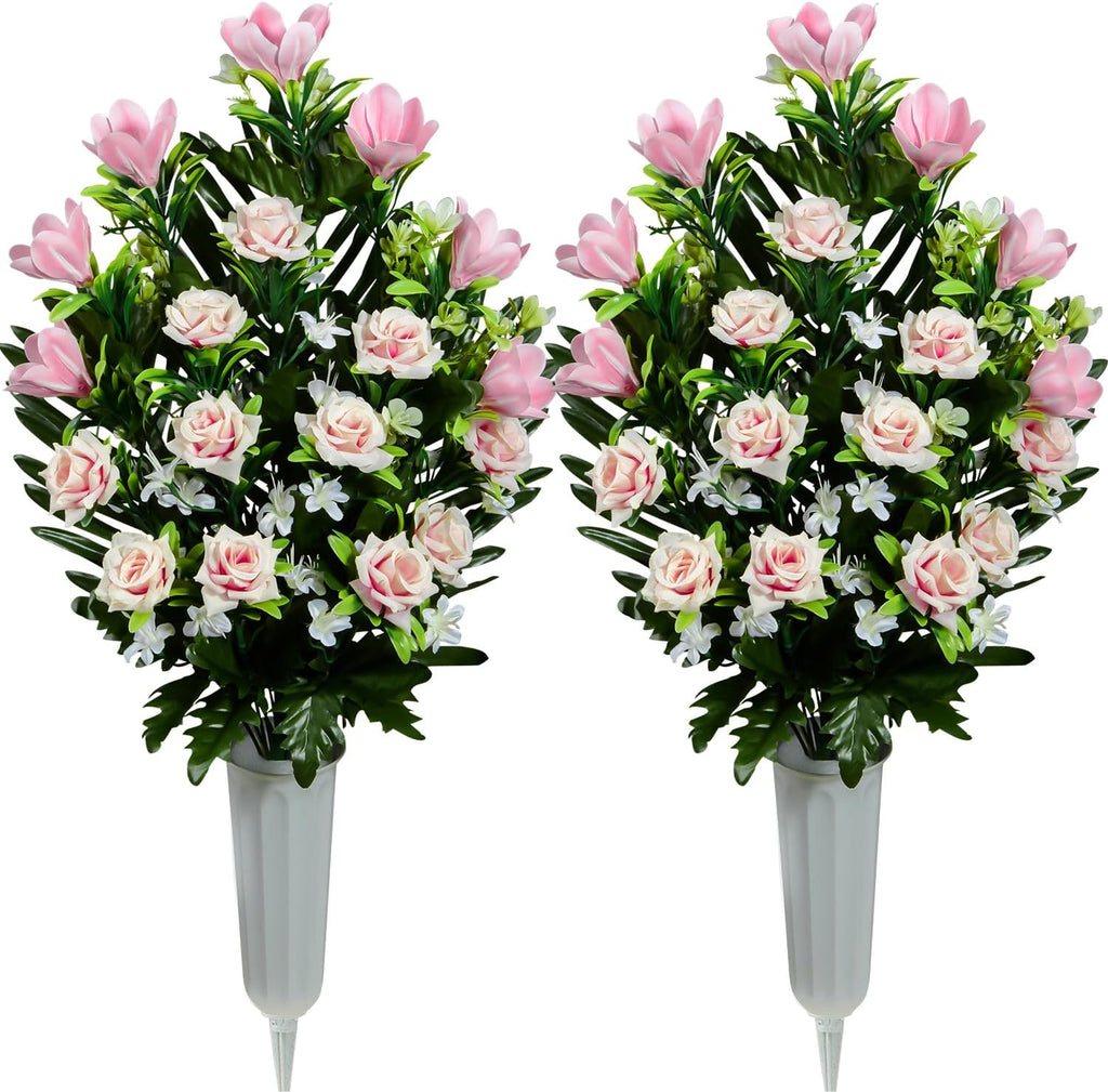 Artificial Rose Magnolia Flowers Bouquet with Cemetery Vase, 2 Sets L355041