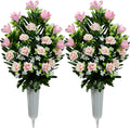 Artificial Rose Magnolia Flowers Bouquet with Cemetery Vase, 2 Sets L355041