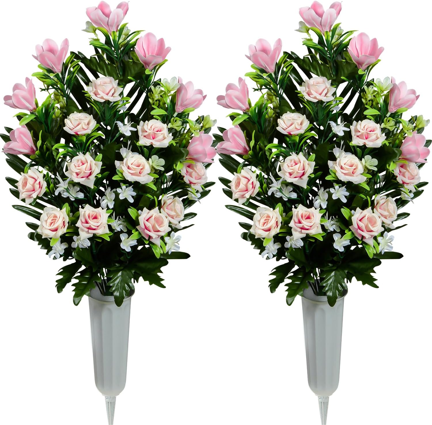 Artificial Rose Magnolia Flowers Bouquet with Cemetery Vase, 2 Sets L355041
