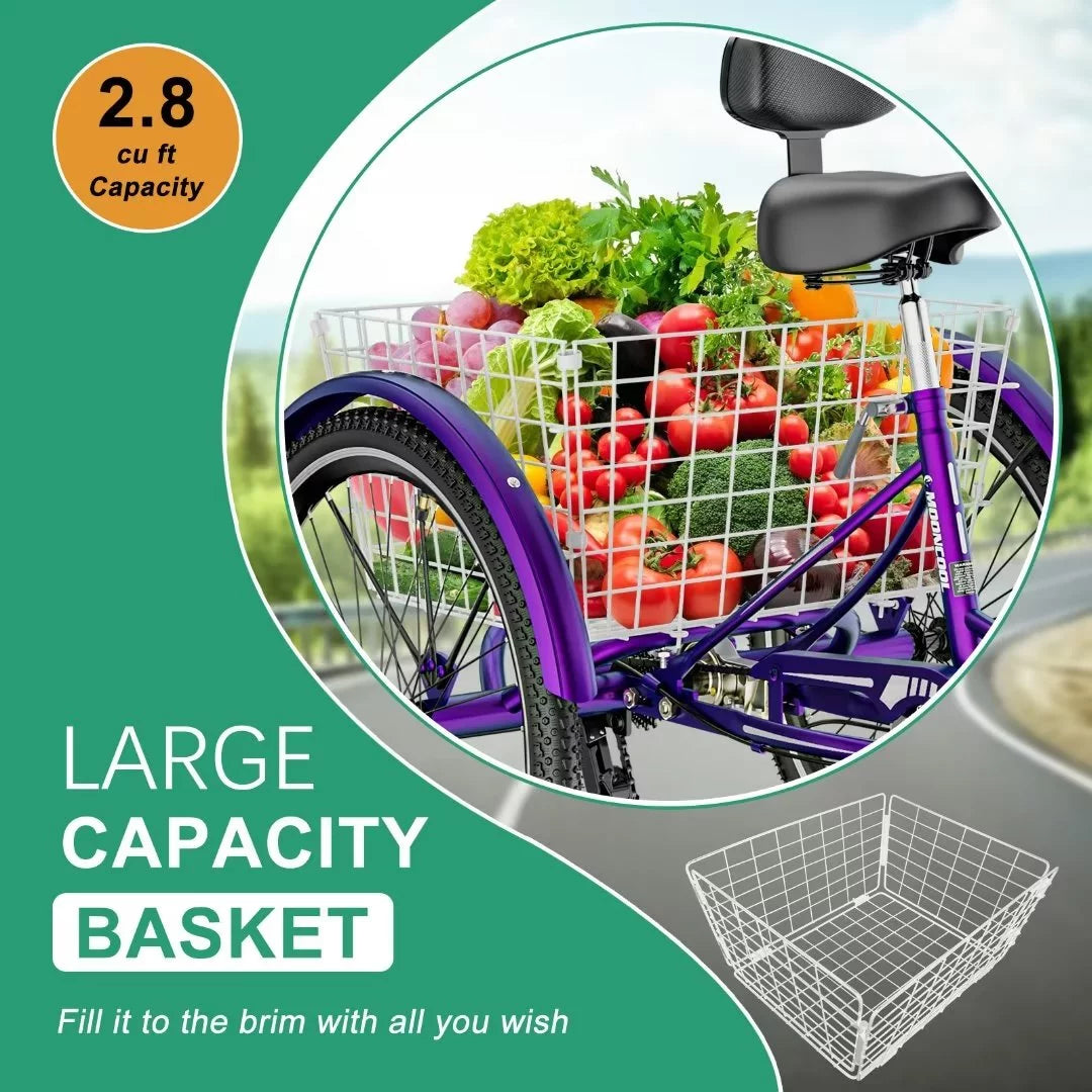 24Inch Adult Electric Tricycles 3 Wheel Electric Bike, 15.5 mph 500W Electric Trikes, 7-Speed, 36V Removable Lithium Battery B6401