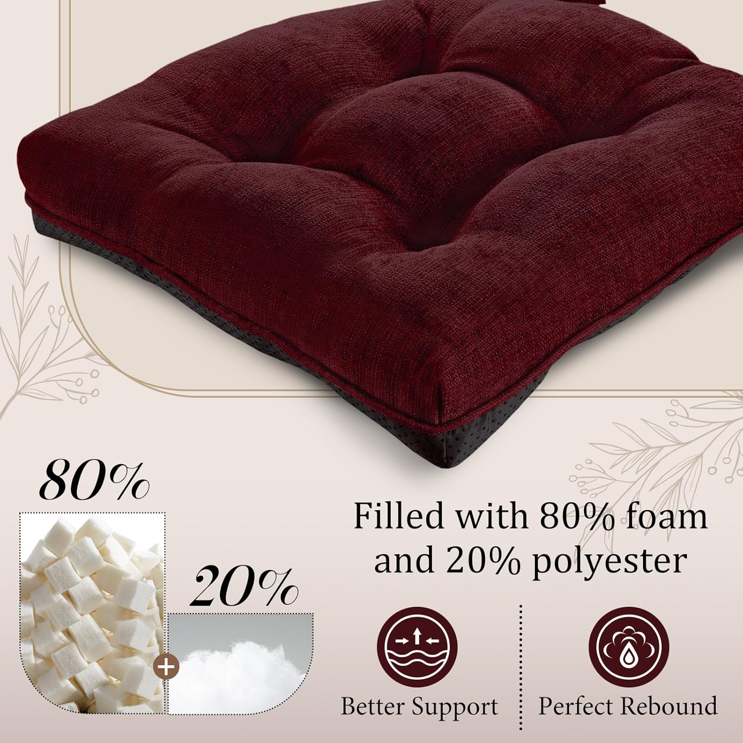 Burgundy 17" x 17" Memory Foam Chair Cushions with Adjustable Ties H3720
