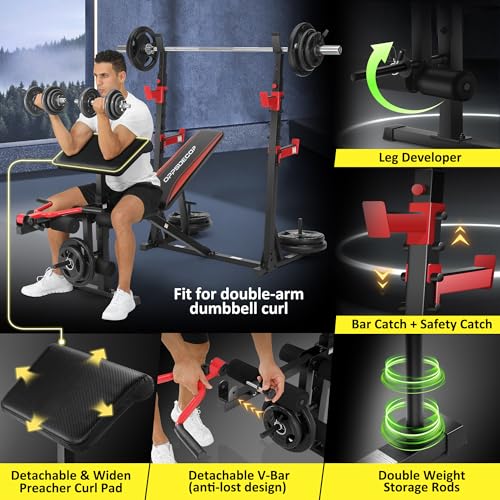 Professional Olympic Weight Bench Set with Squat Rack Adjustable Bench Press with Leg Extension and Curl Heavy-Duty Bench Press Preacher Curl Bench M53484