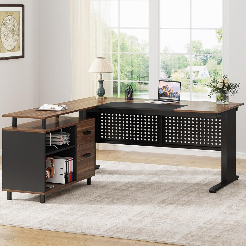 Brown and Black 63 Inch L Shaped Computer Desk with File Cabinet M226341