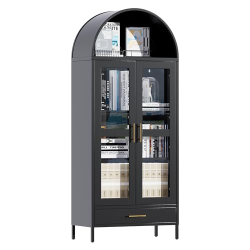 Black Metal Arched Storage Display Cabinet with Drawer and Glass Doors B89677