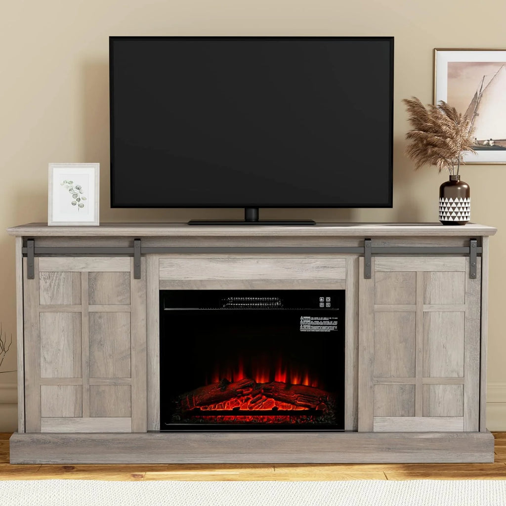 Gray Wash Farmhouse TV Stand with Electric Fireplace E7581