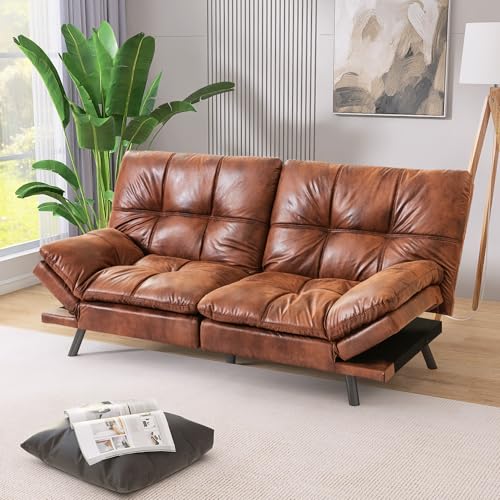 Vintage Brown Faux Leather Convertible Futon Sofa Bed J28012