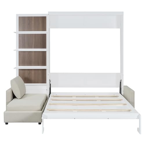 Queen Size Wood Murphy Bed with Sofa and Shelves, White K404134