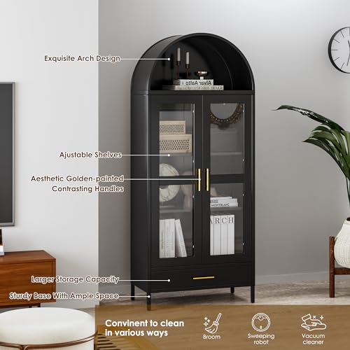 Black Metal Arched Storage Display Cabinet with Drawer and Glass Doors B89677