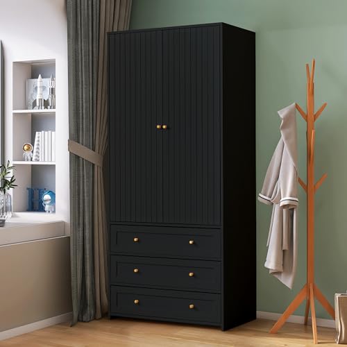 Black 71" Wooden Wardrobe Armoire with 3 Drawers F4485