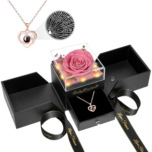 Preserved Red Rose Flower with Necklace and Light A868