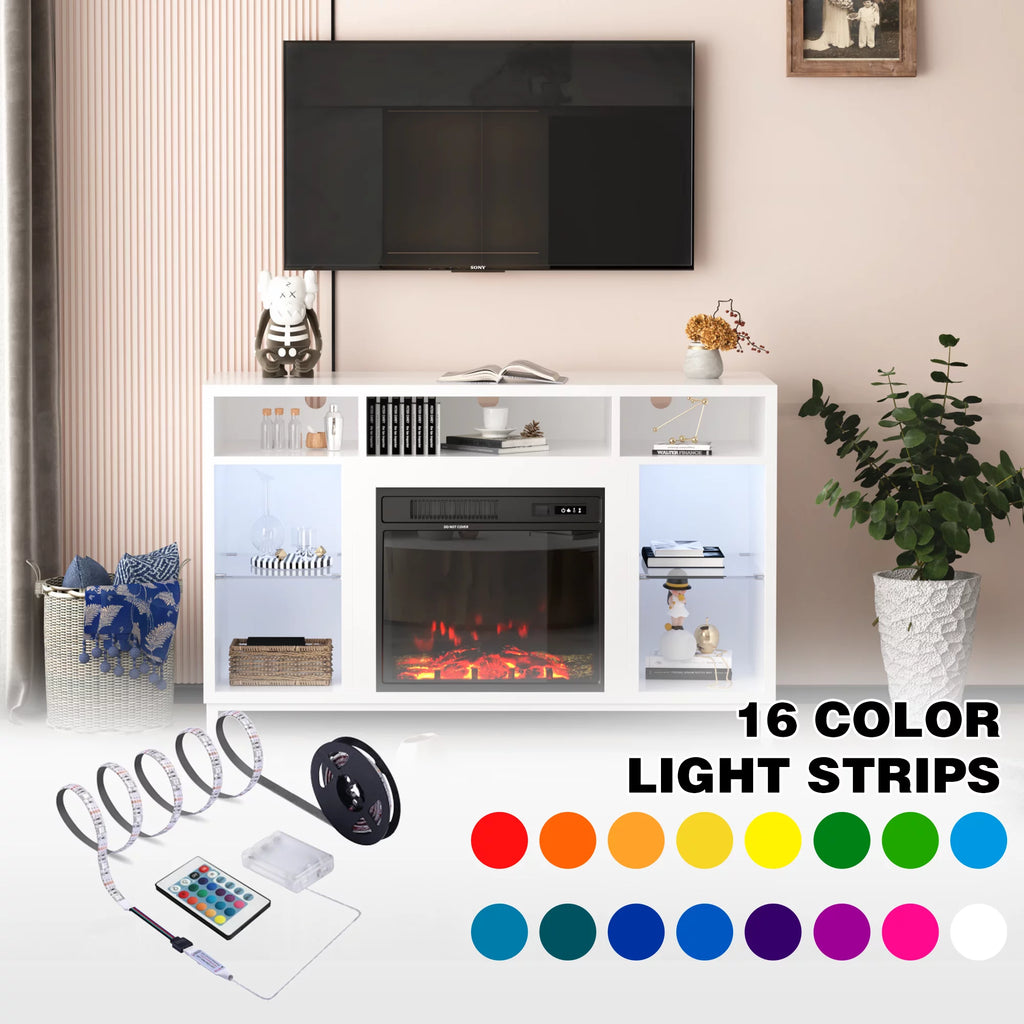 White Fireplace TV Stand with 18" Electric Fireplace and Adjustable Glass Shelves V876