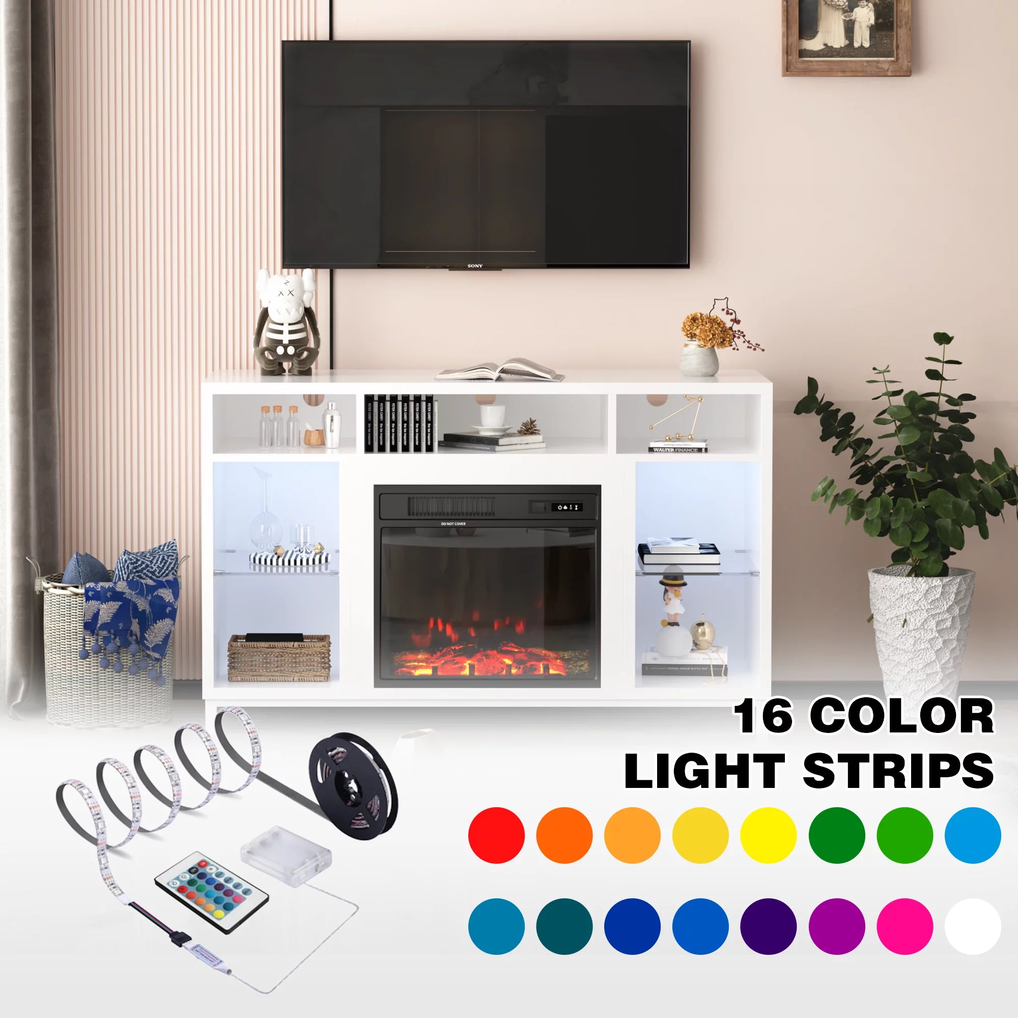 White Fireplace TV Stand with 18" Electric Fireplace and Adjustable Glass Shelves V876