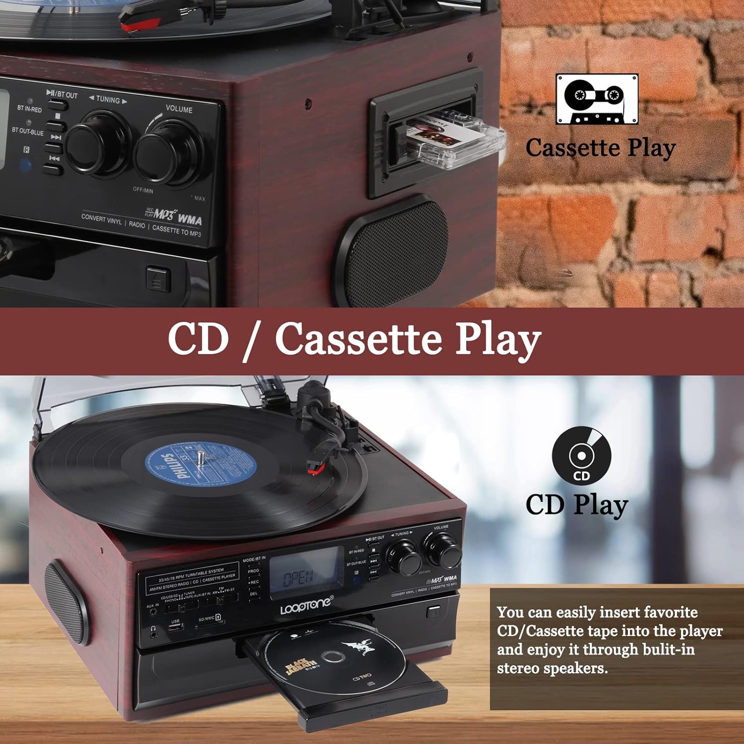10 in 1 Bluetooth Record Player Turntable with CD Player Cassette AM/FM Radio O57075