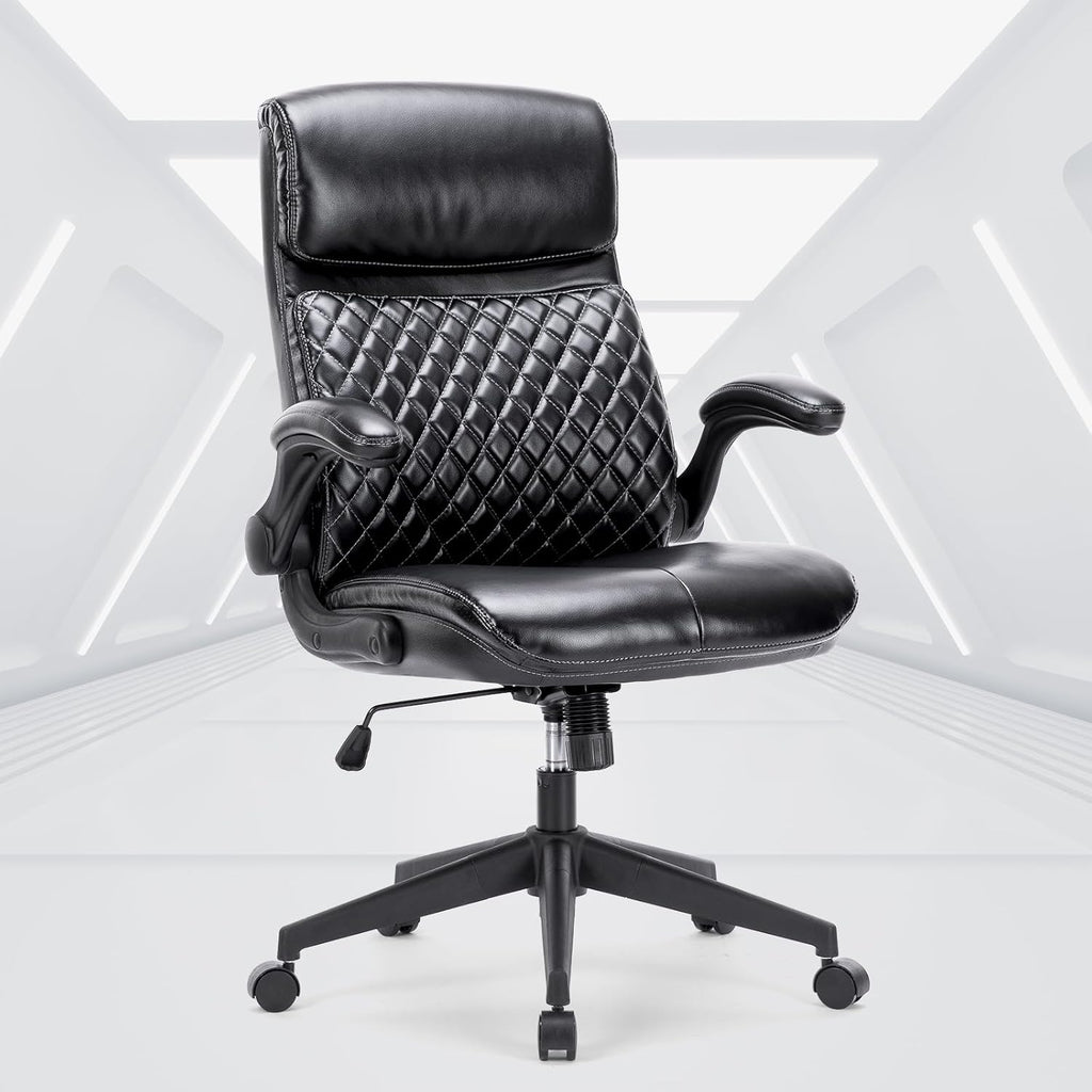 Black Leather High Back Executive Office Chair with Padded Flip-up Arms F1977