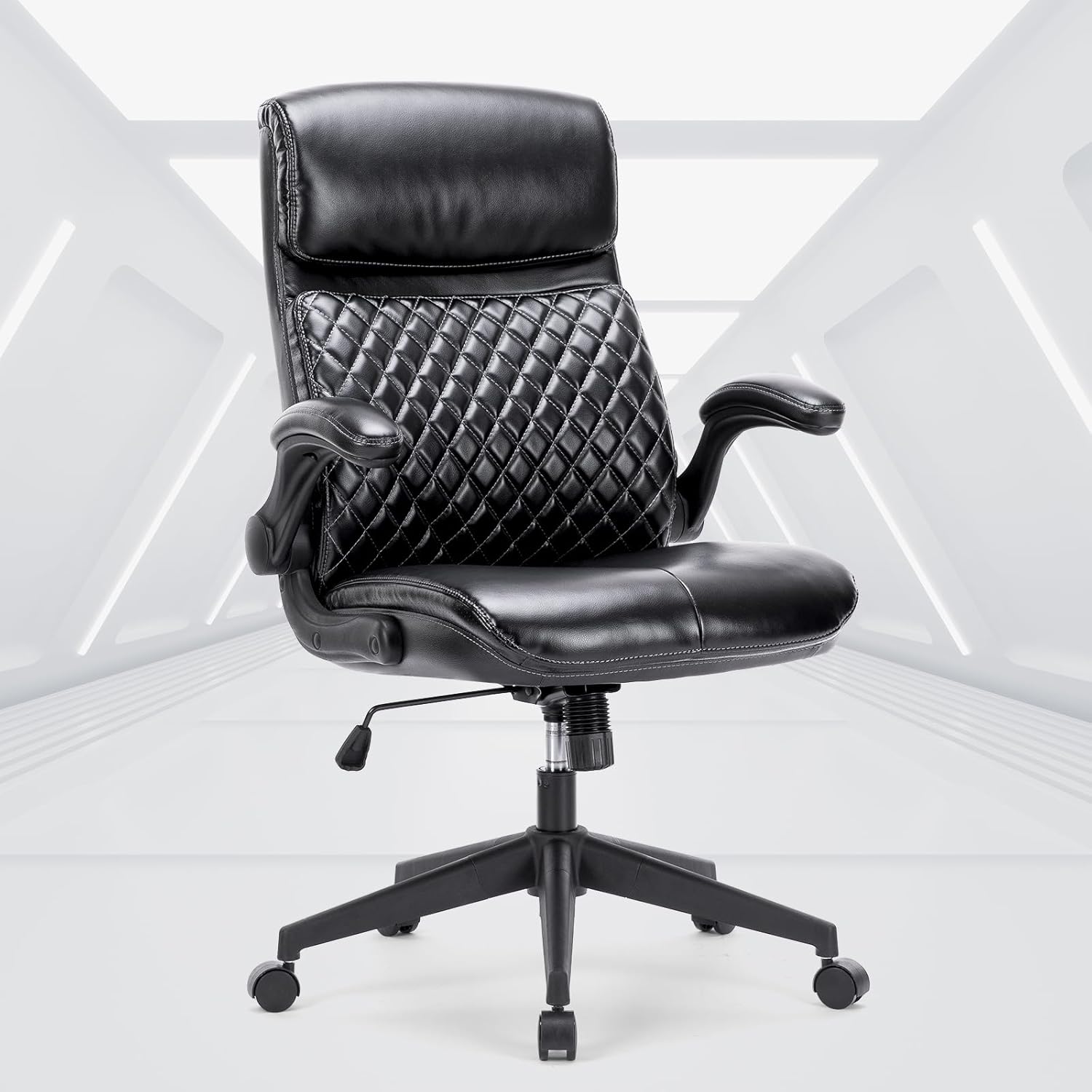 Black Leather High Back Executive Office Chair with Padded Flip-up Arms F1977