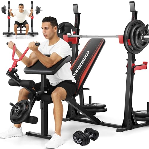 Professional Olympic Weight Bench Set with Squat Rack Adjustable Bench Press with Leg Extension and Curl Heavy-Duty Bench Press Preacher Curl Bench M53484