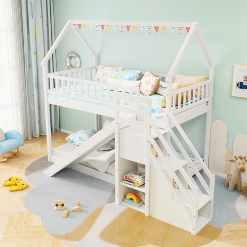 White Wood Bunk Bed Twin Over Twin with Slide & Stairs D9083