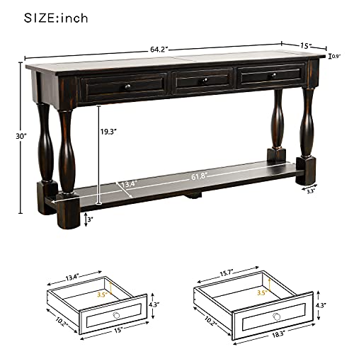 Solid Wood Console Table with 3 Drawers and Bottom Shelf Y30329
