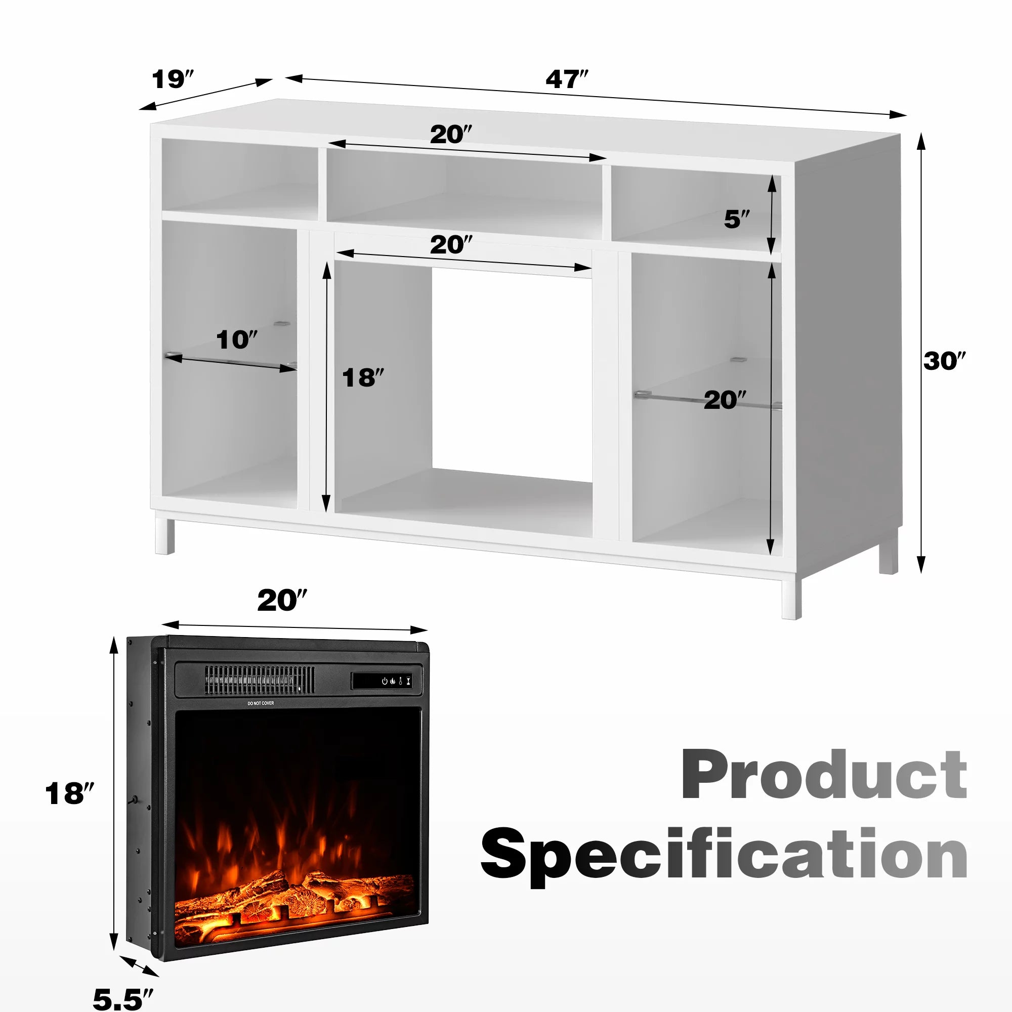 White Fireplace TV Stand with 18" Electric Fireplace and Adjustable Glass Shelves V876