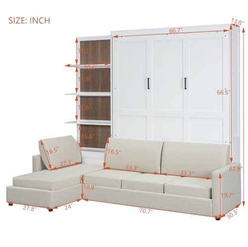 Queen Size Wood Murphy Bed with Sofa and Shelves, White K404134