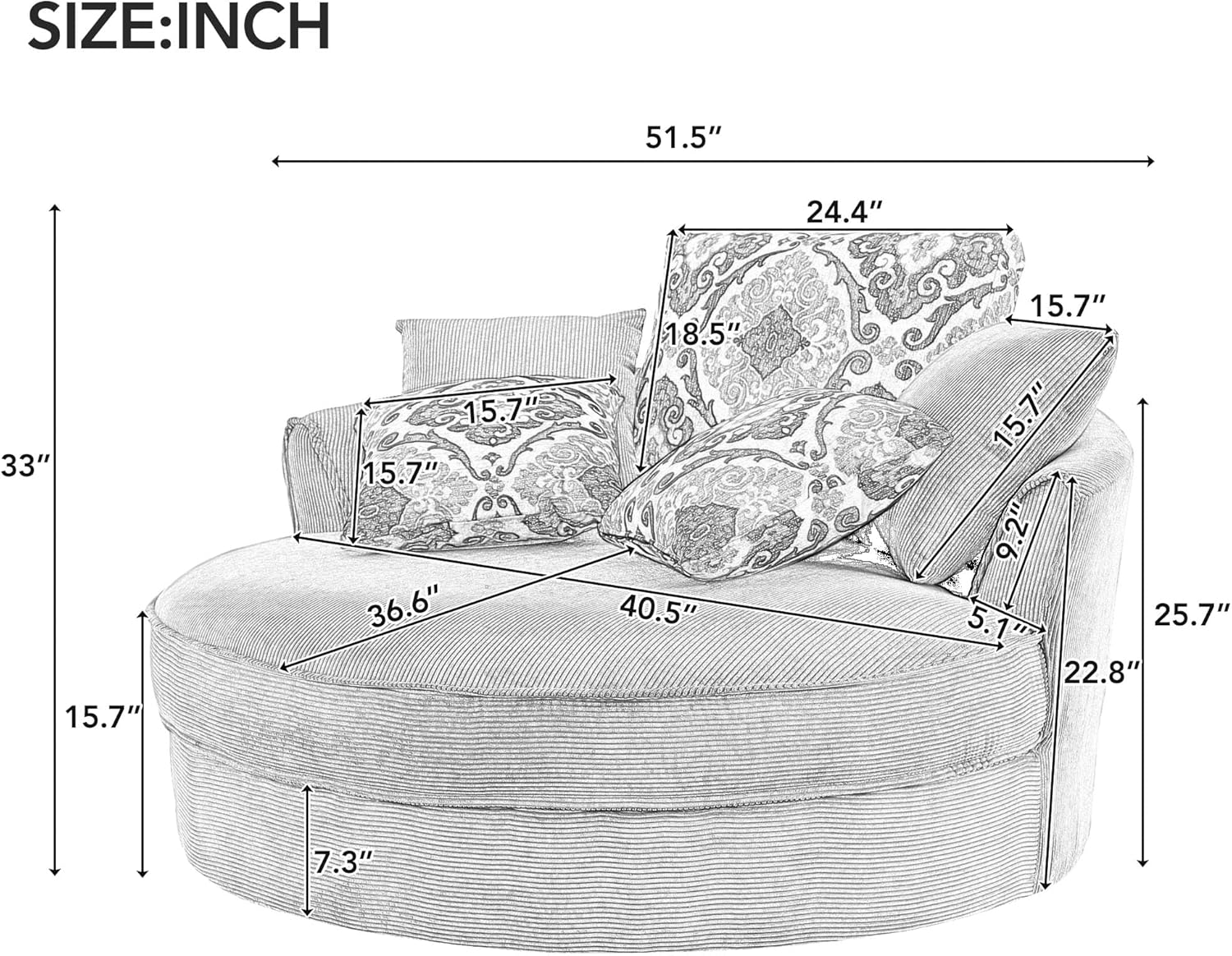 Oversized Corduroy Swivel Barrel Armchair with 5 Detachable Pillows J957