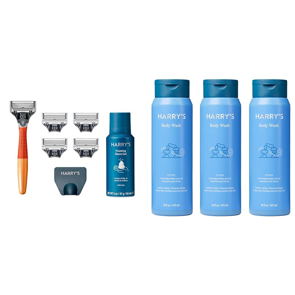 Men's Razor Set with 5 Razor Blade Refills, Travel Blade Cover, 2 oz Shave Gel (Ember) & Body Wash Shower Gel - Stone, 16 Fl Oz (Pack of 3) A103