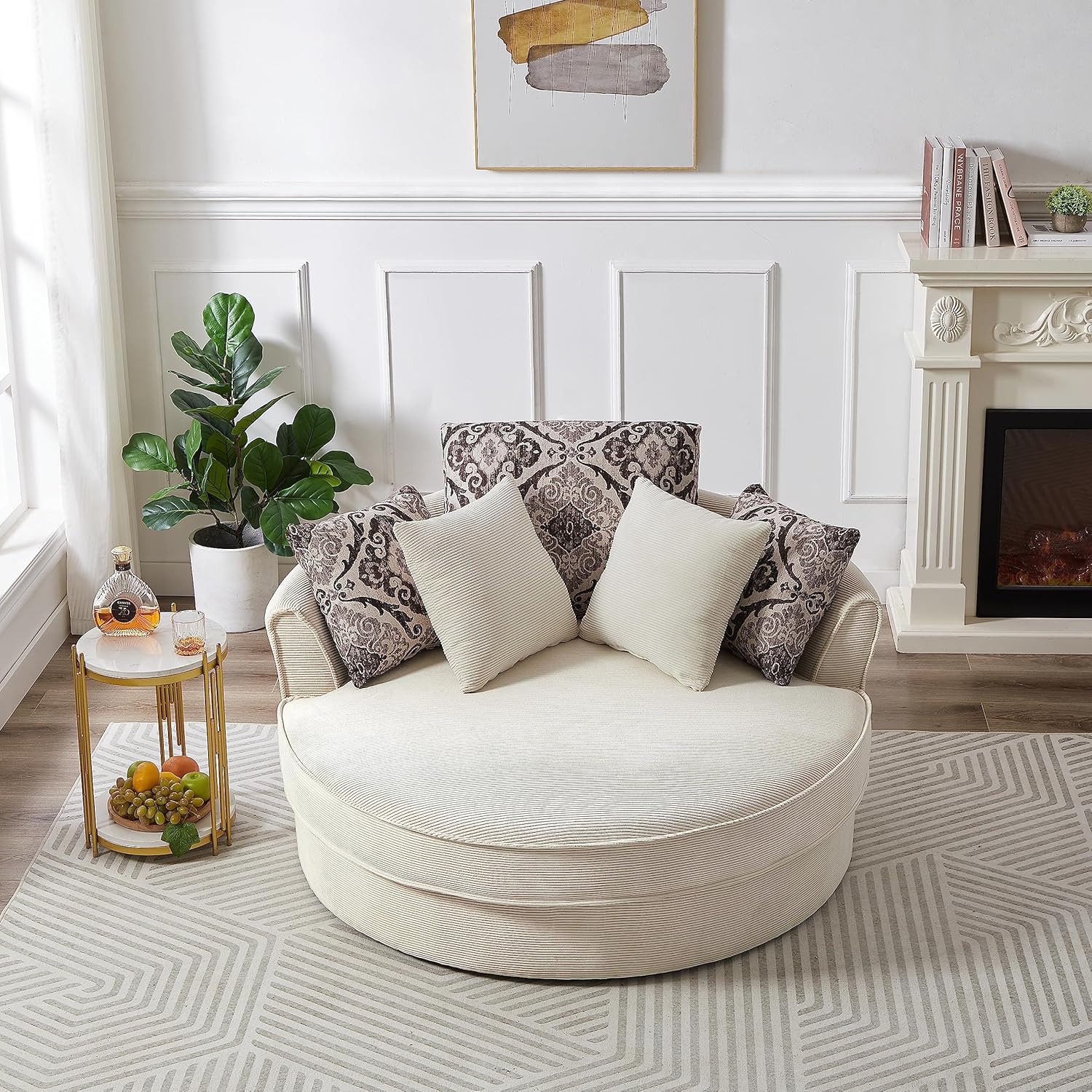 Oversized Corduroy Swivel Barrel Armchair with 5 Detachable Pillows J957