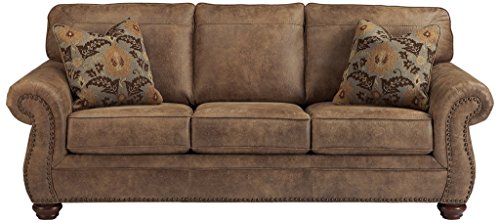 Gray Faux Leather Sofa with Nailhead Trim and 4 Accent Pillows U5484