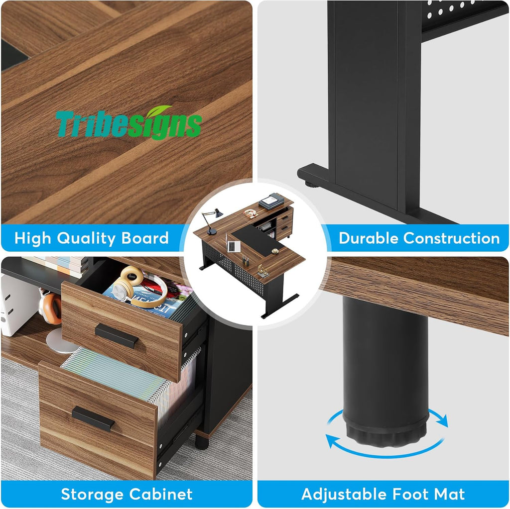 Brown and Black 63 Inch L Shaped Computer Desk with File Cabinet M226341
