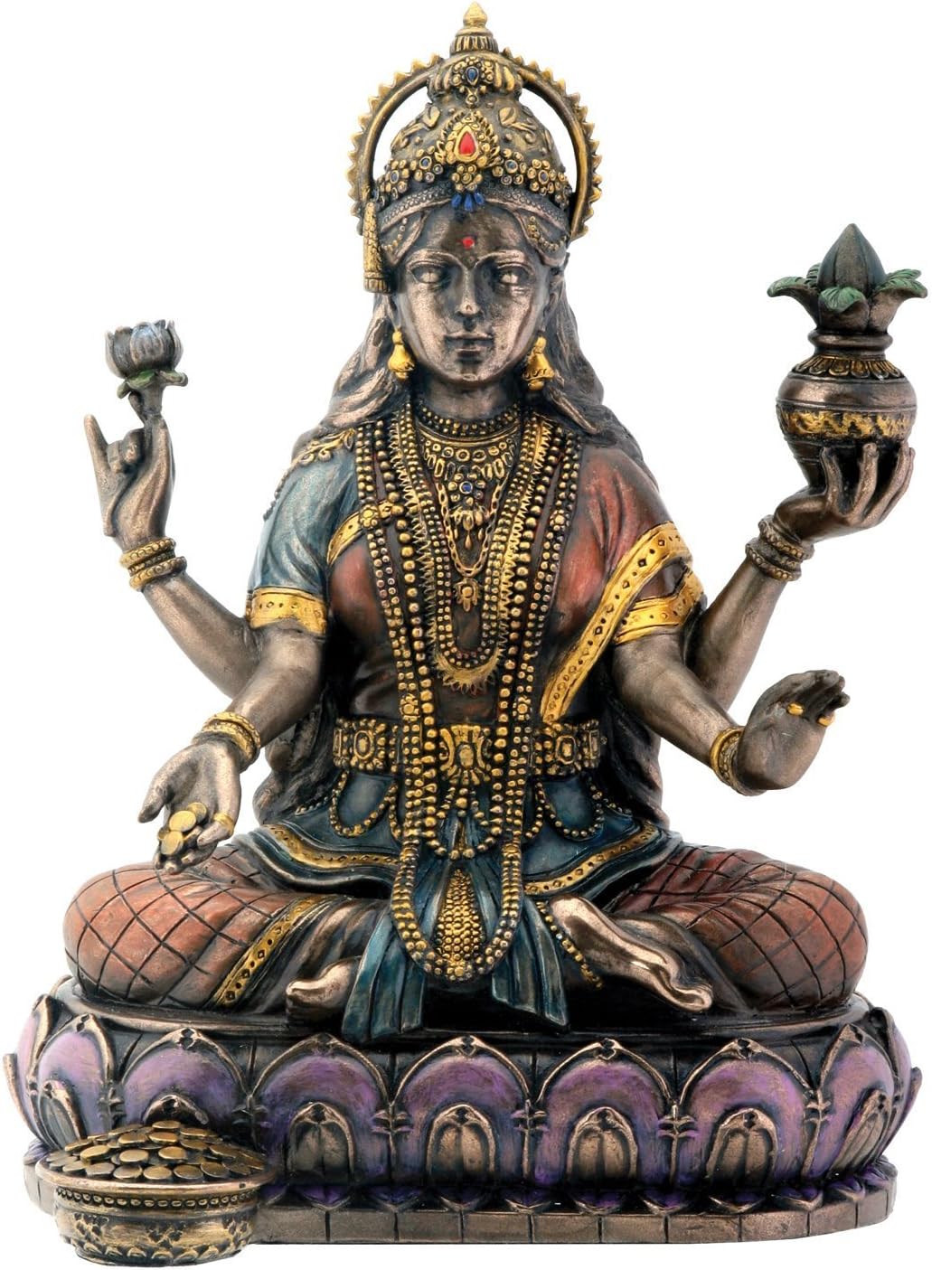 Bronze Hindu Goddess Lakshmi On Lotus Display Statue Z626