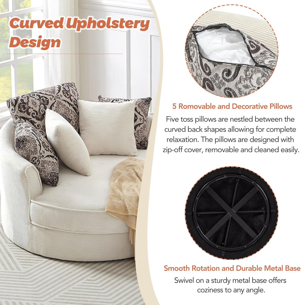 Oversized Corduroy Swivel Barrel Armchair with 5 Detachable Pillows J957