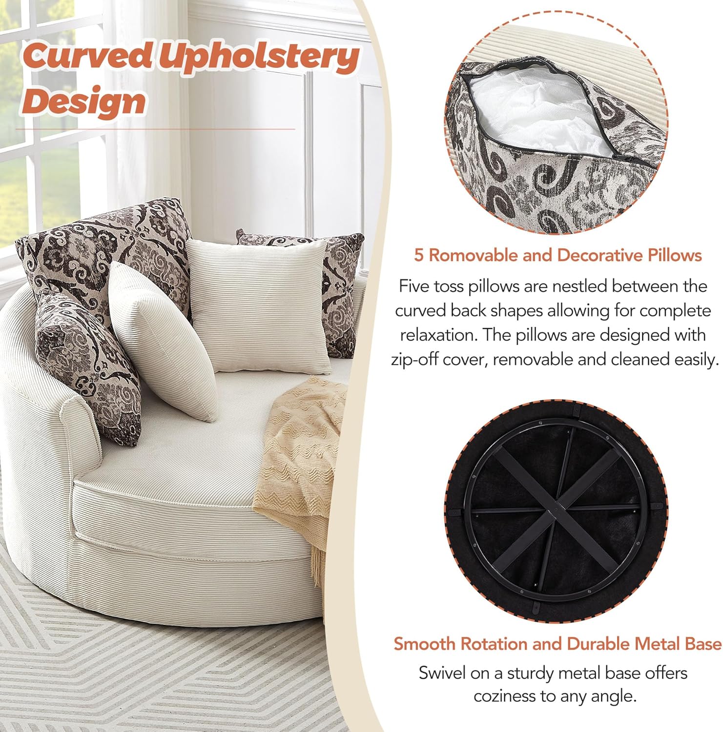 Oversized Corduroy Swivel Barrel Armchair with 5 Detachable Pillows J957