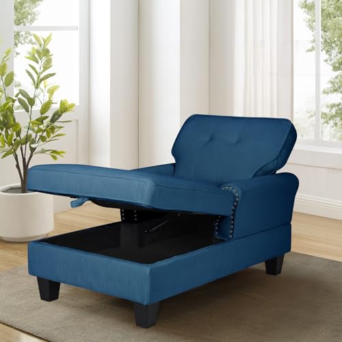 63" Sleeper Chaise Lounge Recliner Sofa Bed with Adjustable Backrest & Storage Space (Blue Corduroy) X768409