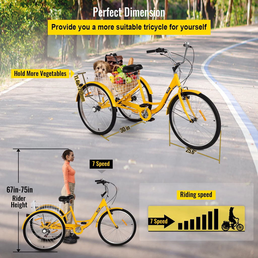 26in 7 Speed 3-Wheels Adult Tricycle with Basket L42897